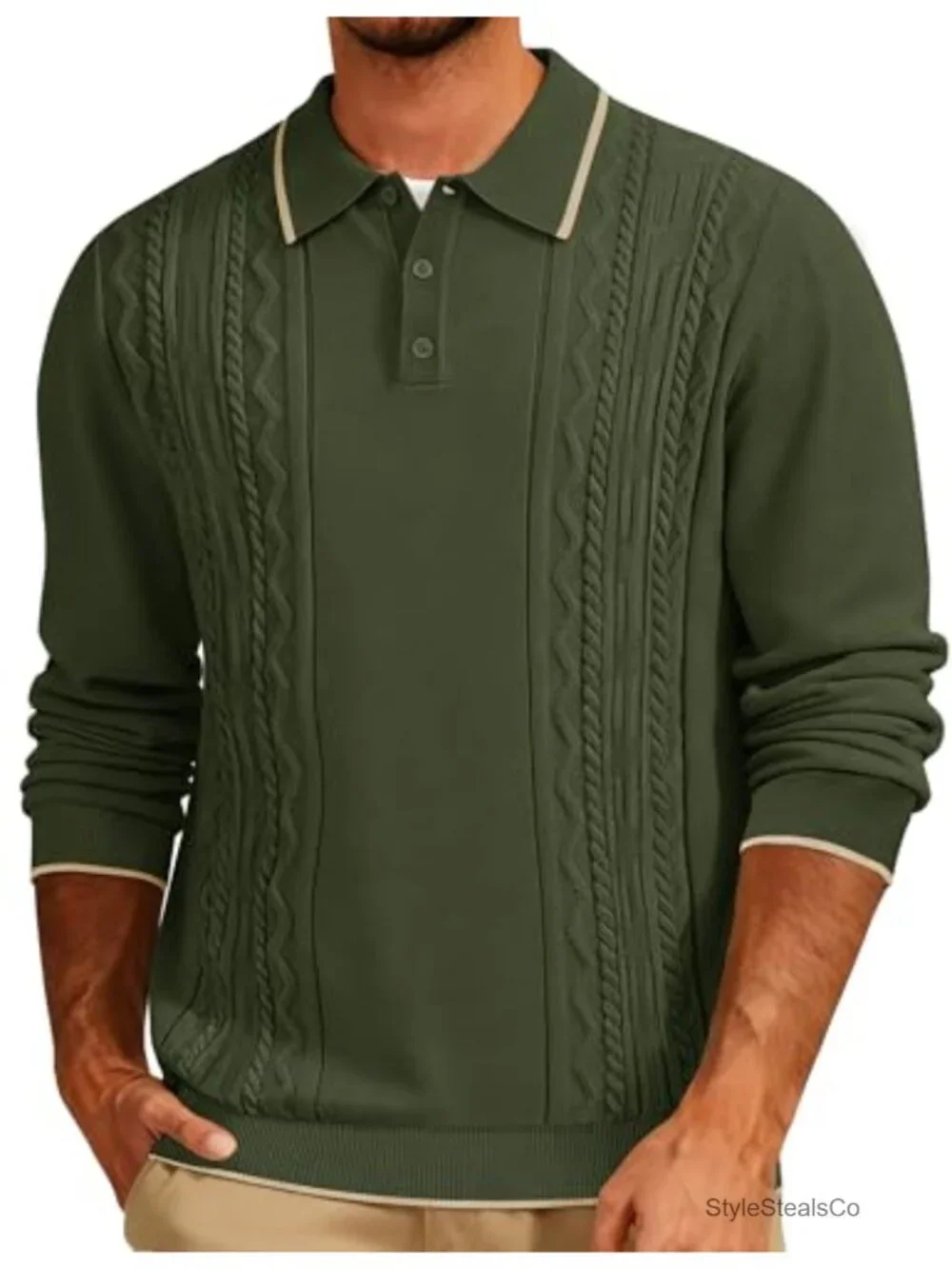 Mens Sweater Knit Polo Long Sleeve Collared Button Casual Pullover Textured